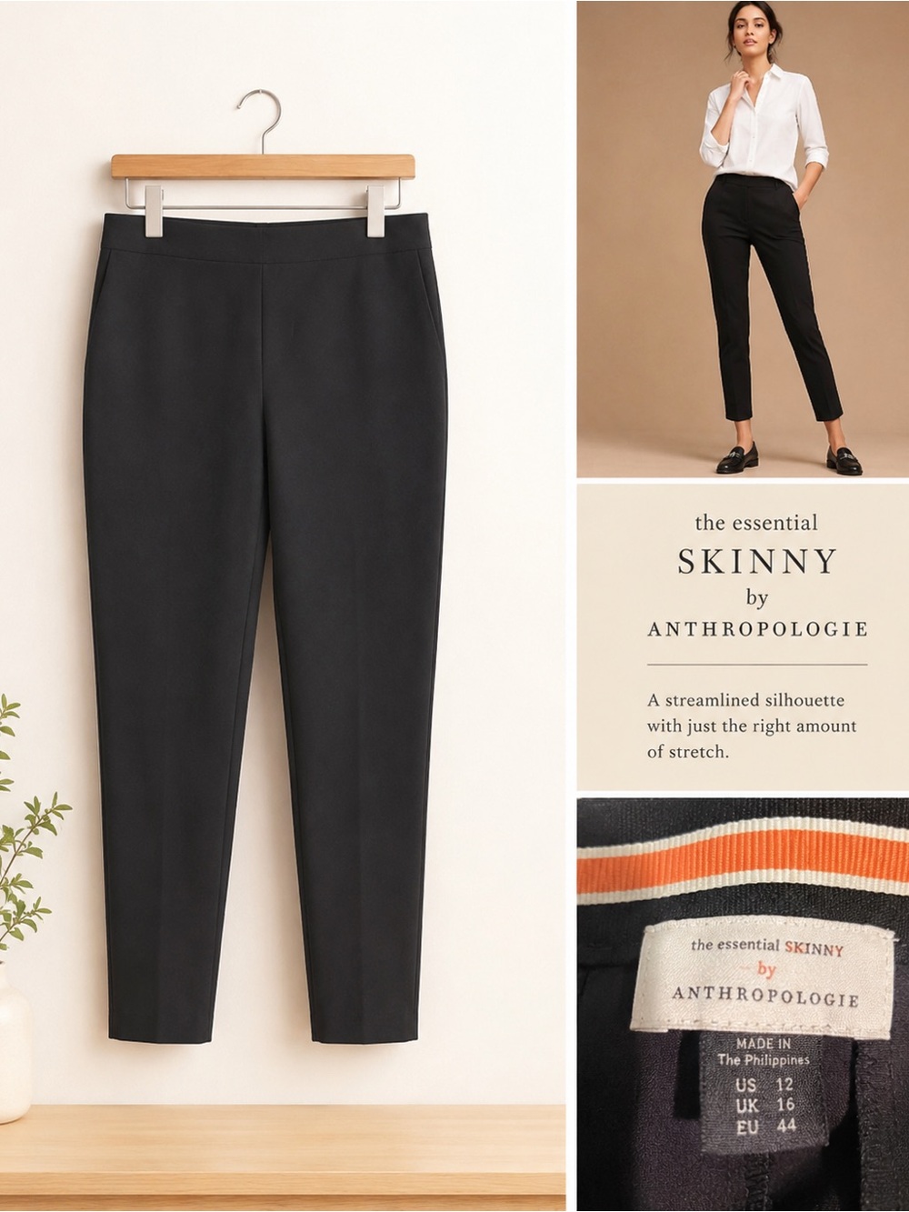 Anthropologie Black Stretch Cigarette Skinny Ankle Minimalist Tailored  Pant